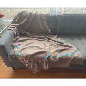 Vintage embroidered throw, shabby chic tan pastel embroidery, boho jetee